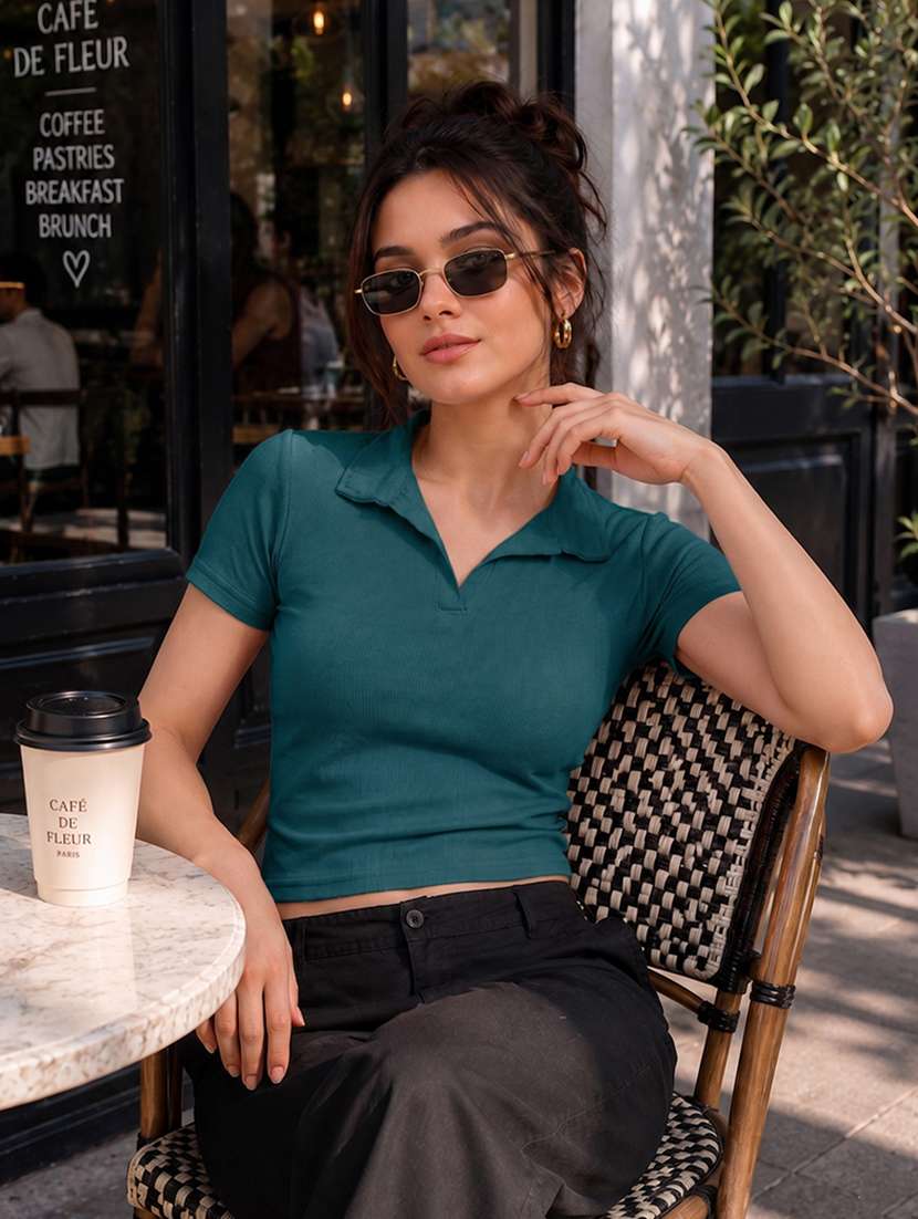 women solid short sleeve crop top - 22594229 -  Standard Image - 2