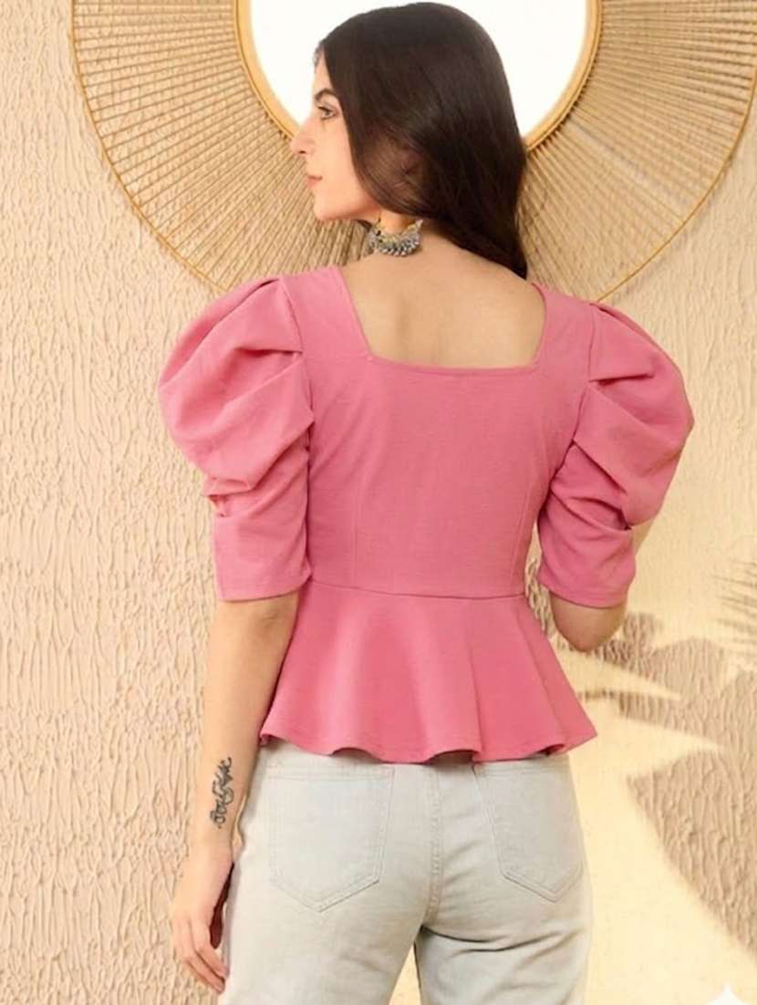 women solid puff sleeve peplum top - 22594240 -  Standard Image - 2