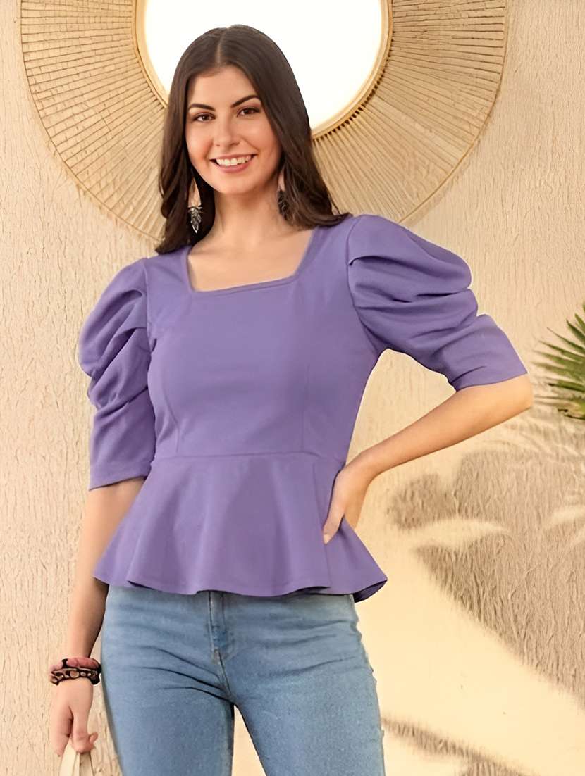 women solid puff sleeve peplum top