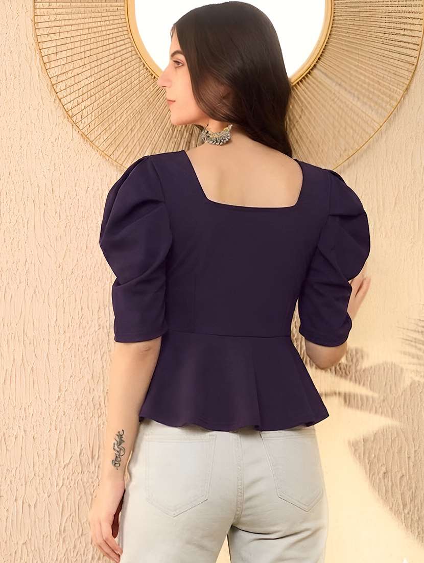 women solid puff sleeve peplum top - 22594242 -  Standard Image - 2