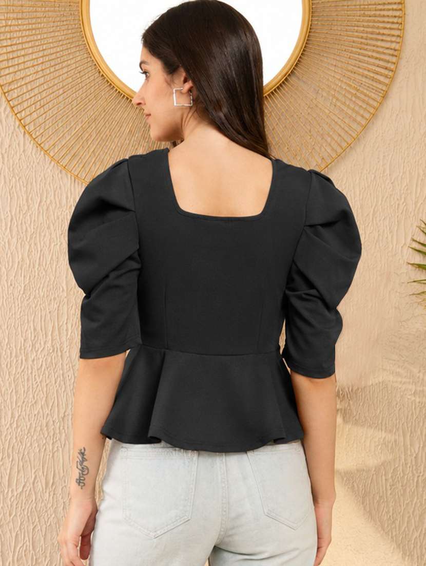 women solid puff sleeve peplum top - 22594244 -  Standard Image - 2