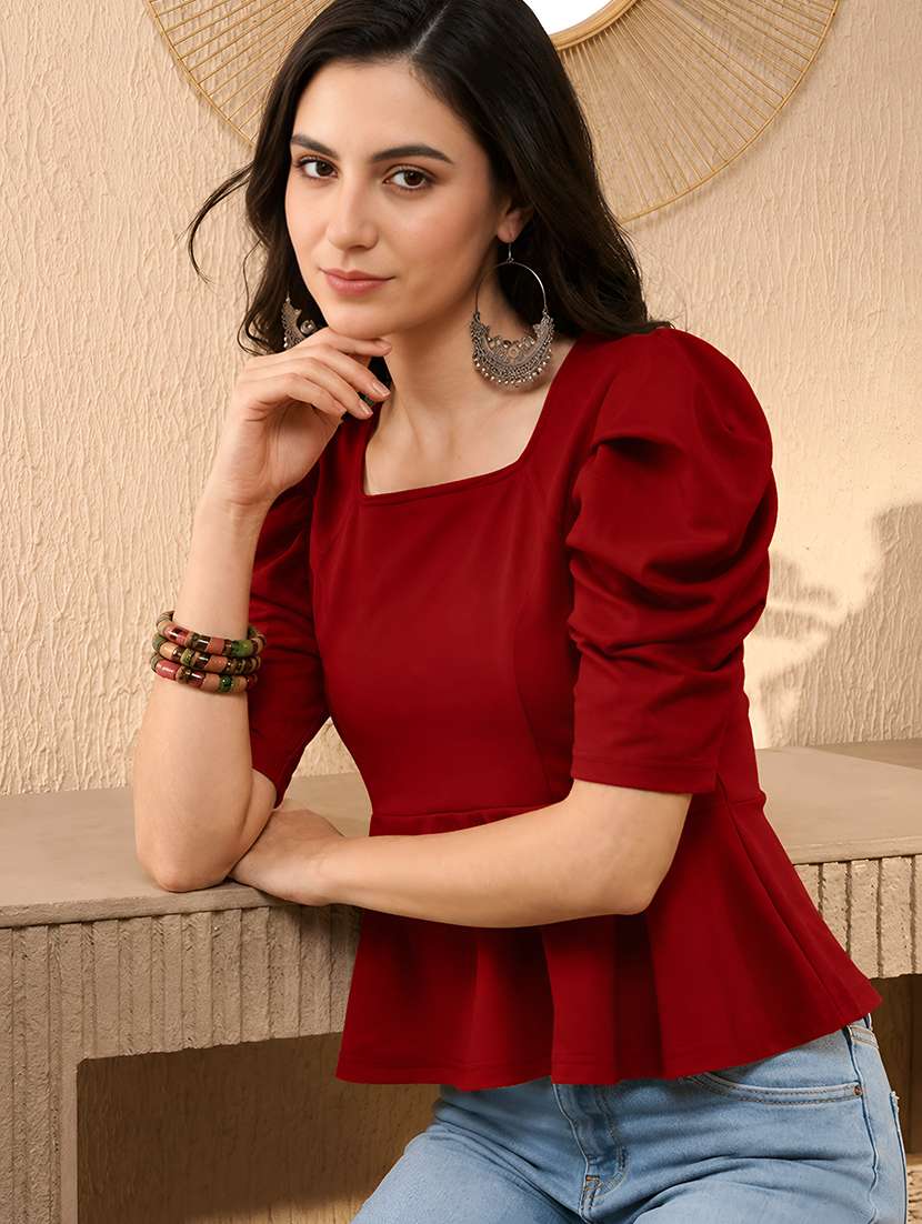 women solid puff sleeve peplum top