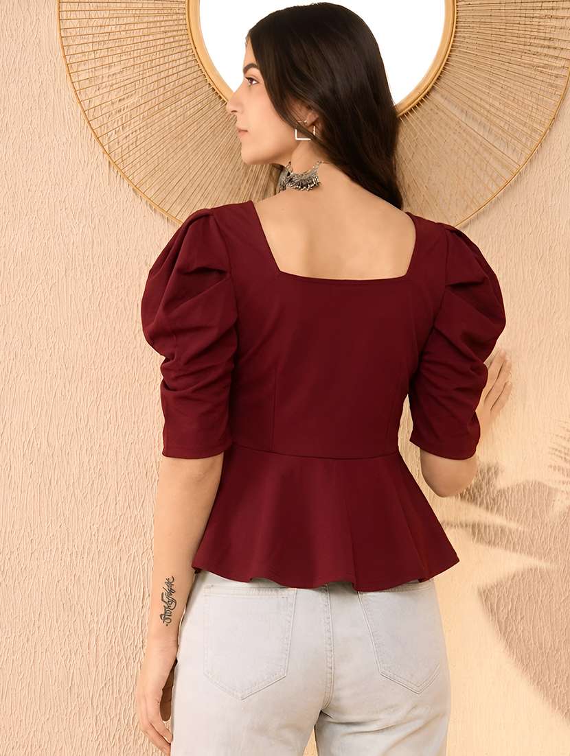 women solid puff sleeve peplum top - 22594249 -  Standard Image - 2