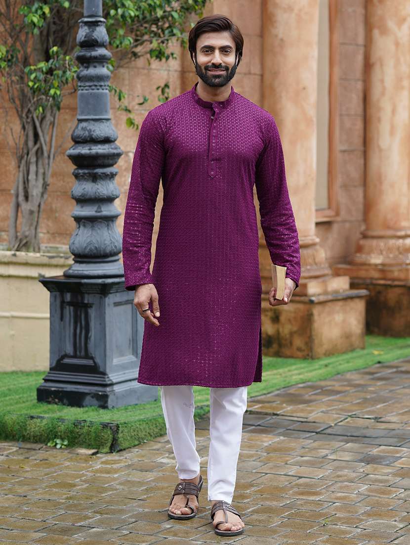 men solid with work mandarin neck kurta pyjama set