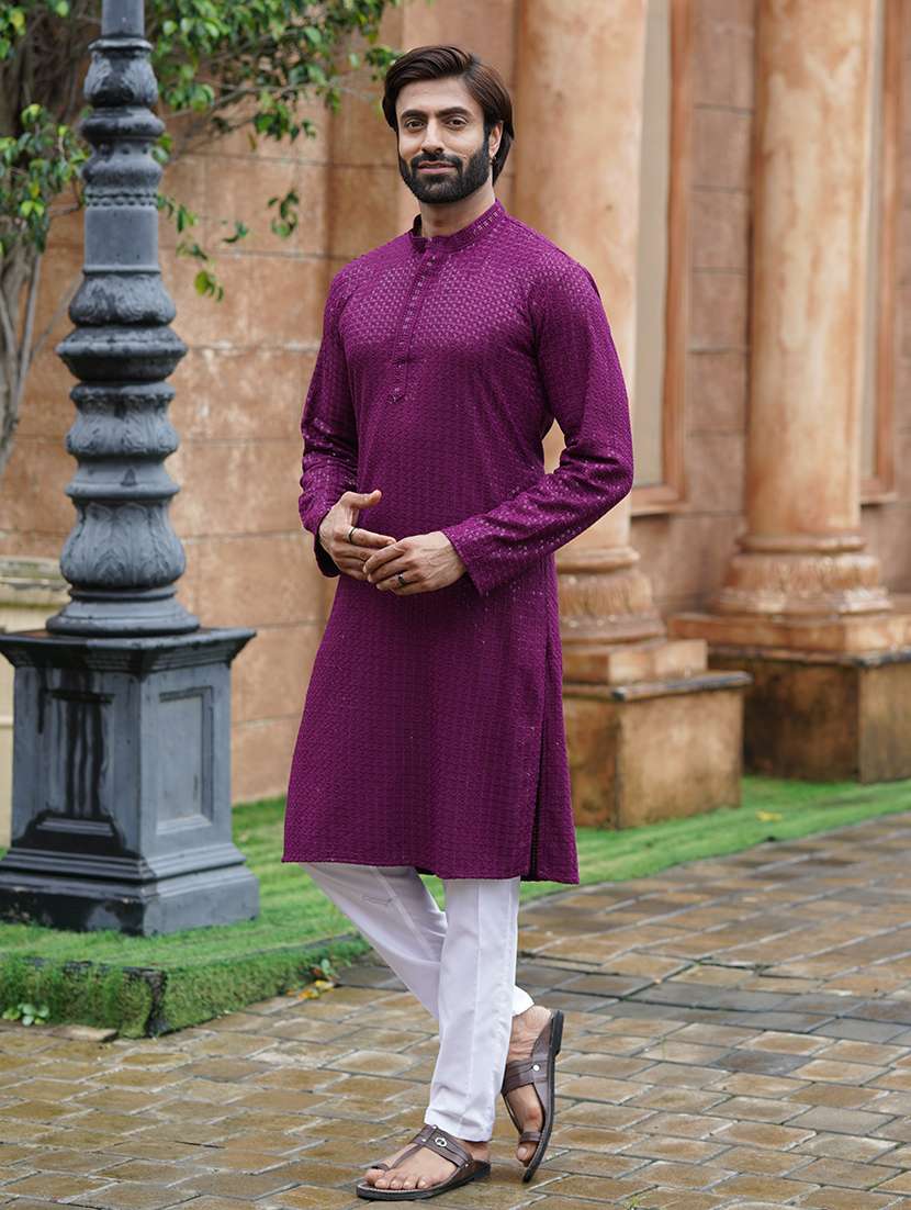 Men Solid With Work Mandarin Neck Kurta Pyjama Set - 22594333 -  Standard Image - 2
