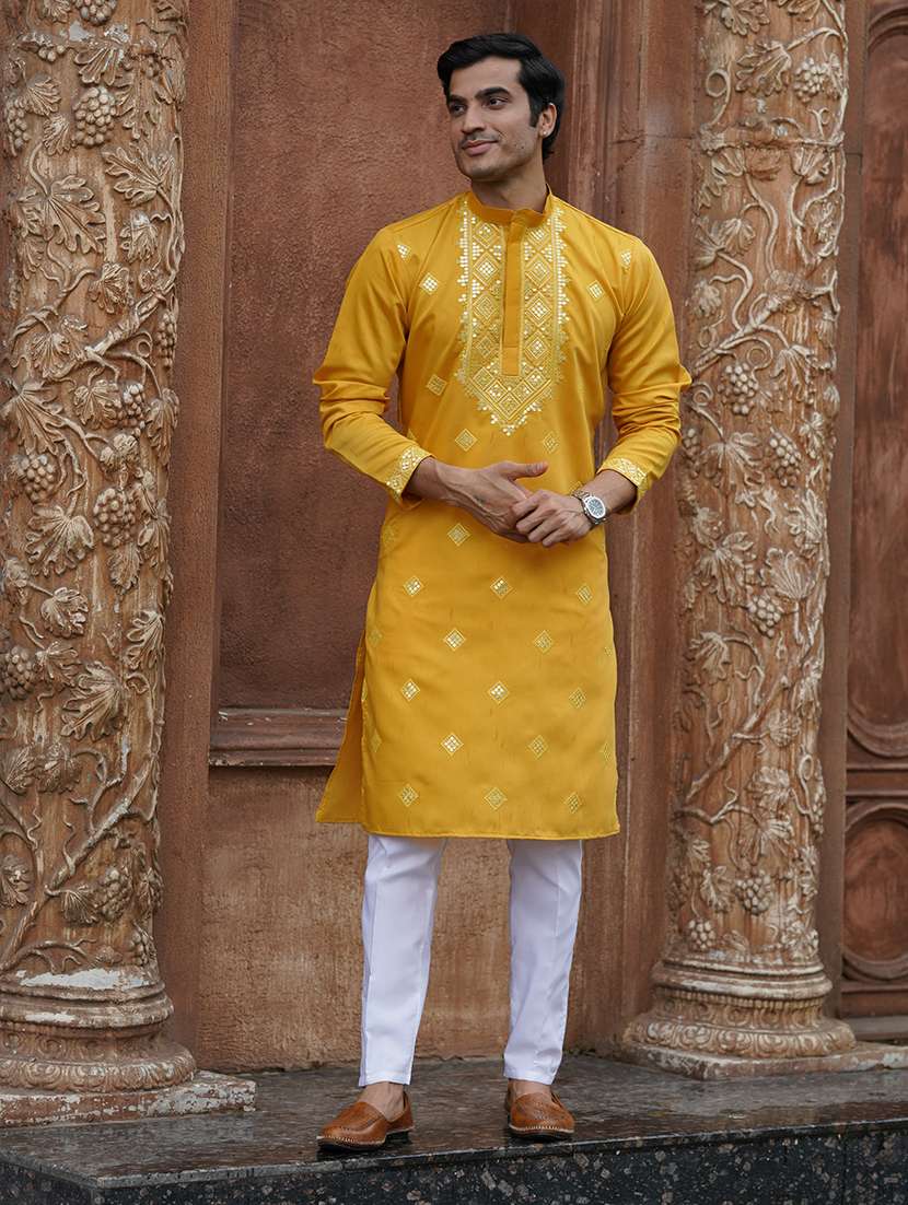 men solid with work mandarin neck kurta pyjama set