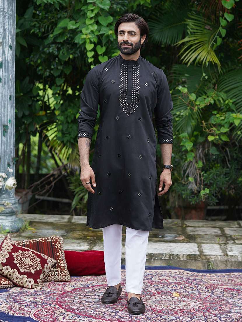 Men Solid With Work Mandarin Neck Kurta Pyjama Set - 22594347 -  Standard Image - 2