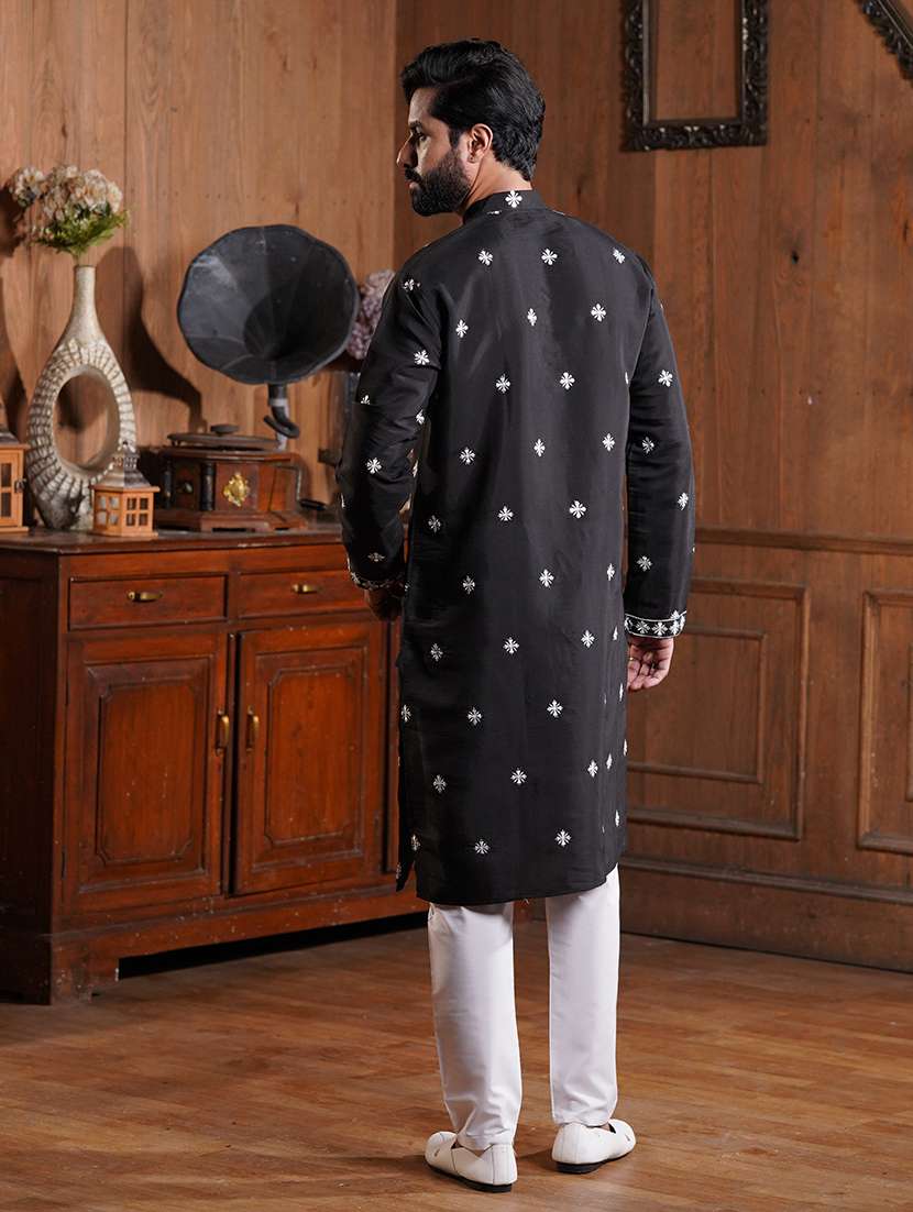 Men Solid With Work Mandarin Neck Kurta Pyjama Set - 22594352 -  Standard Image - 2