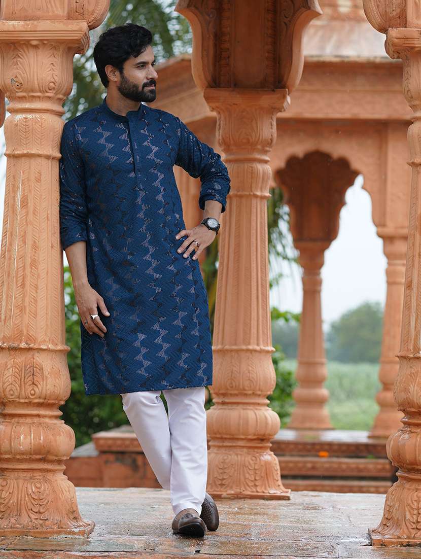 Men Solid With Work Mandarin Neck Kurta Pyjama Set - 22594359 -  Standard Image - 2