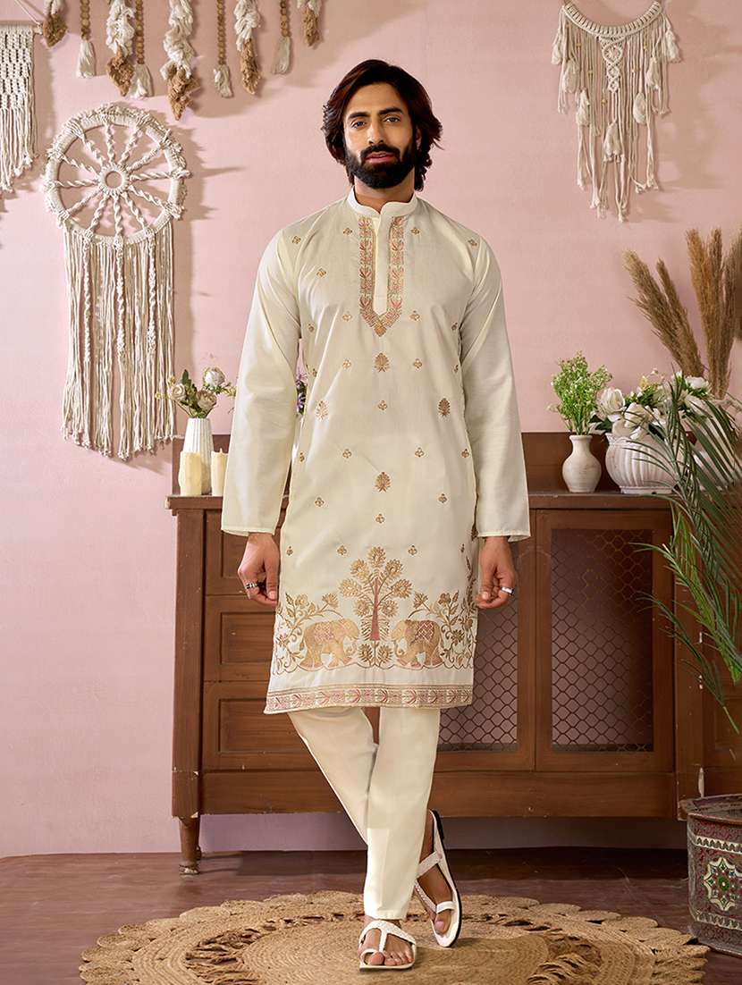 men solid with work mandarin neck kurta pyjama set