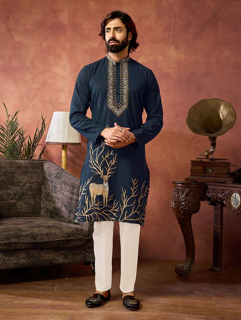 men solid with work mandarin neck kurta pyjama set