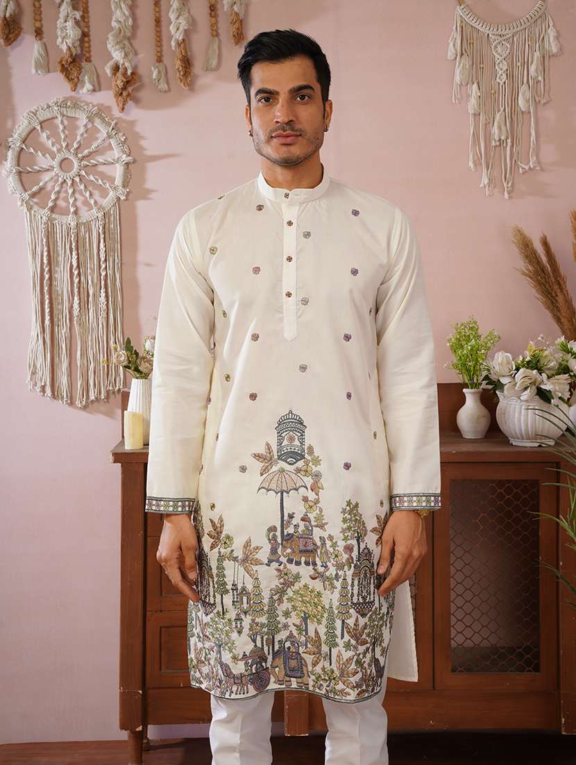 Men Solid With Work Mandarin Neck Kurta Pyjama Set - 22594402 -  Standard Image - 2