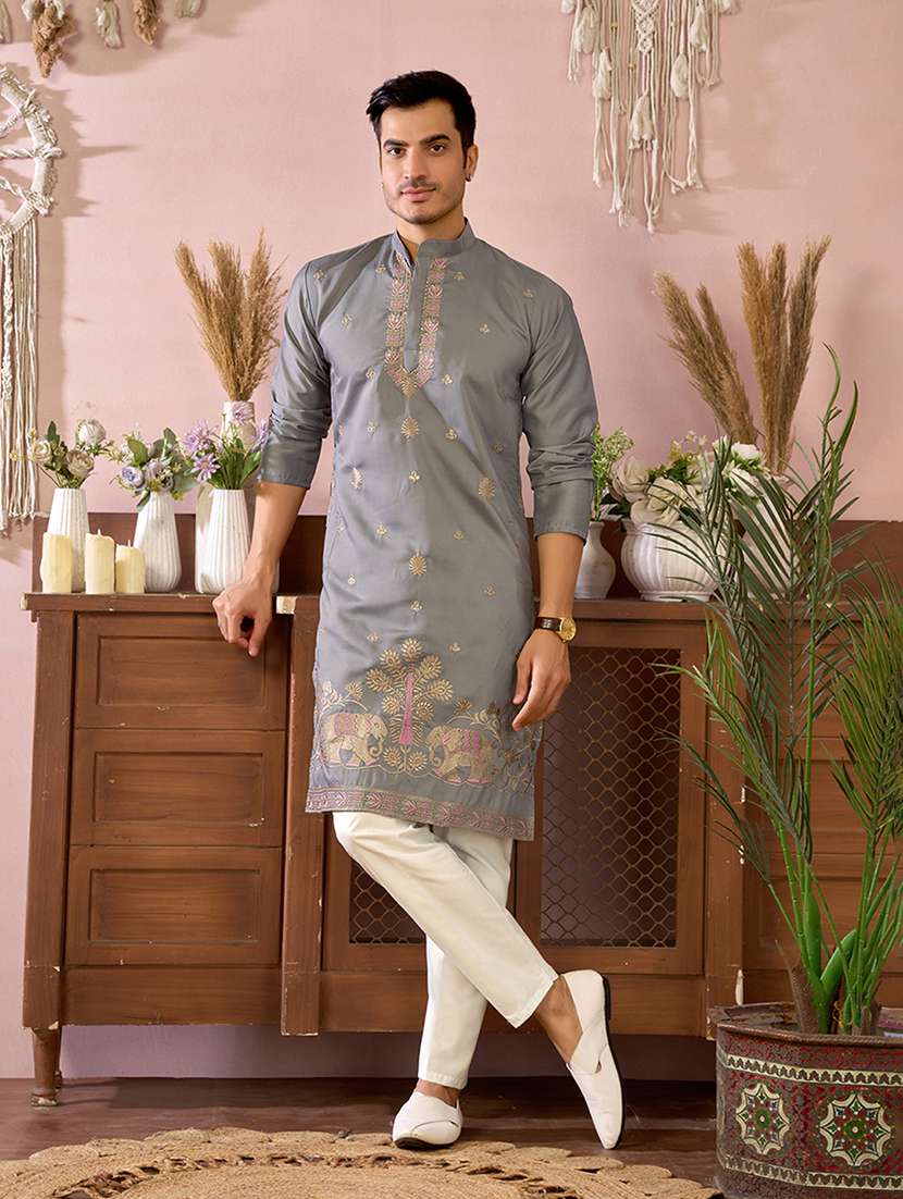 men solid with work mandarin neck kurta pyjama set