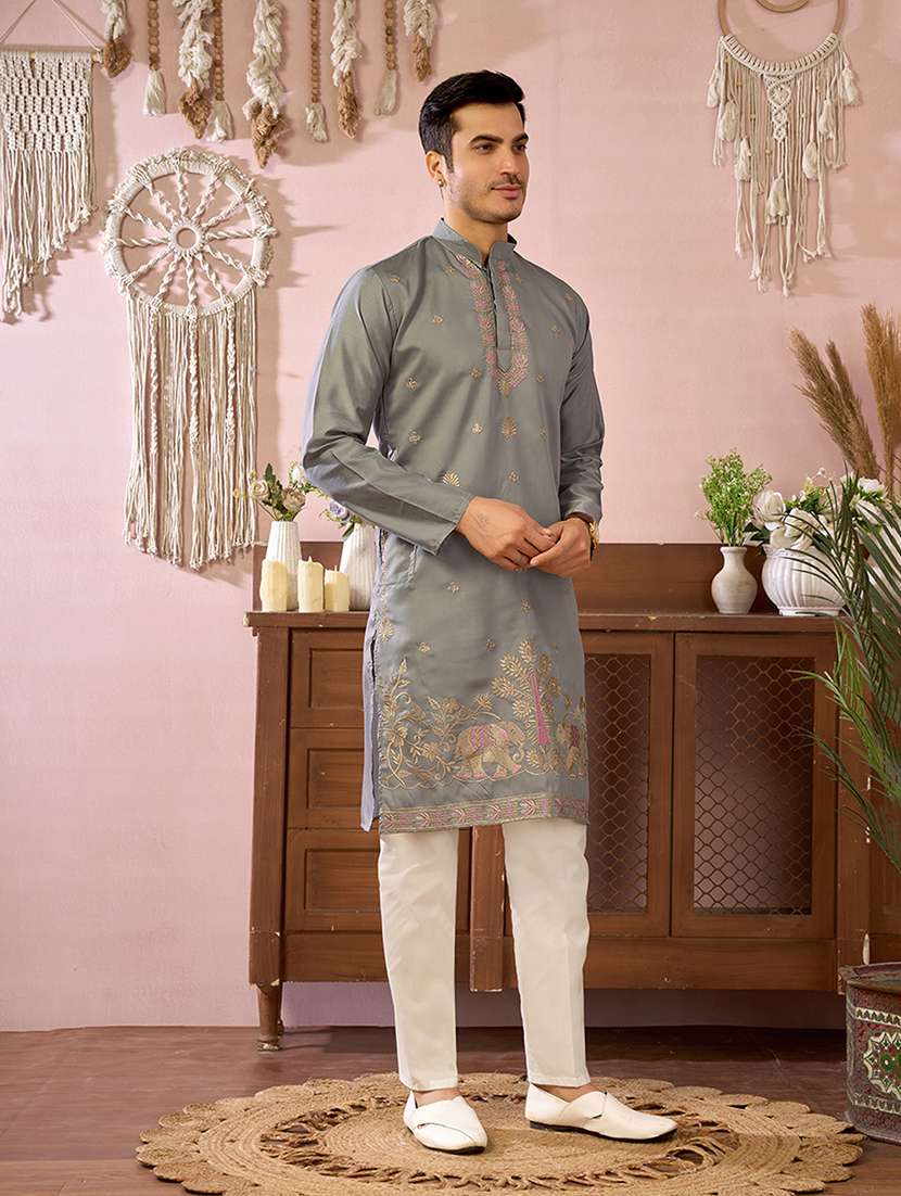 Men Solid With Work Mandarin Neck Kurta Pyjama Set - 22594408 -  Standard Image - 2