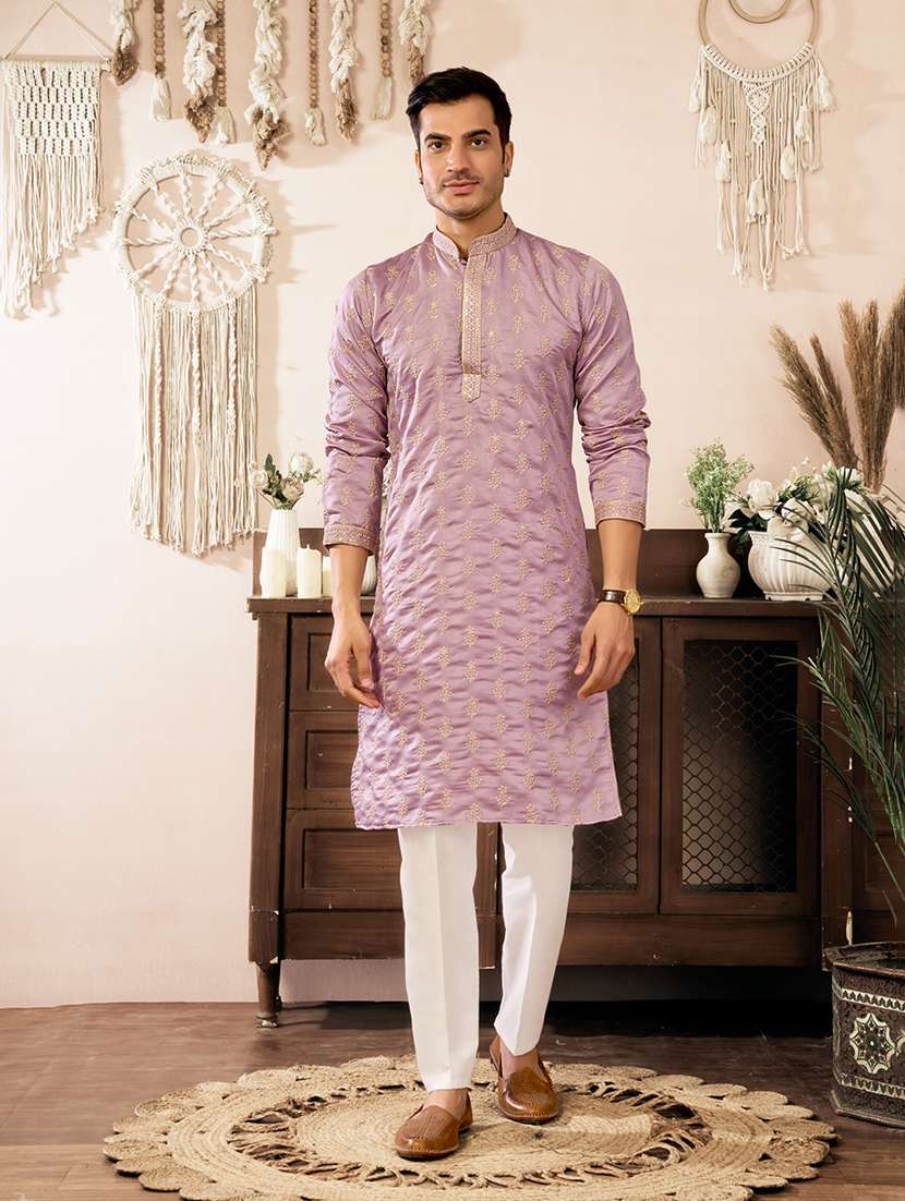 men solid with work mandarin neck kurta pyjama set
