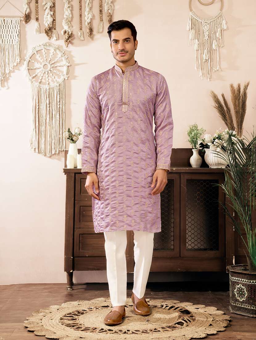 men solid with work mandarin neck kurta pyjama set - 22594412 -  Standard Image - 2