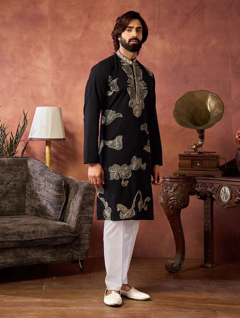 men solid with work mandarin neck kurta pyjama set - 22594415 -  Standard Image - 2
