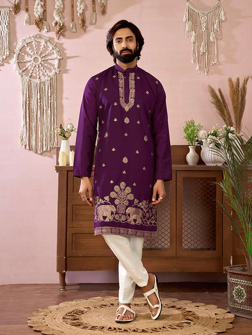 men solid with work mandarin neck kurta pyjama set