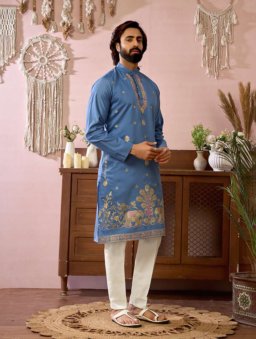 Men Solid With Work Mandarin Neck Kurta Pyjama Set - 22594423 -  Standard Image - 2