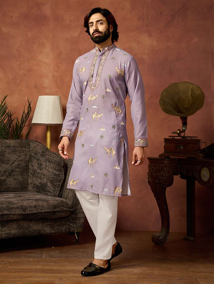 men solid with work mandarin neck kurta pyjama set - 22594424 -  Standard Image - 2