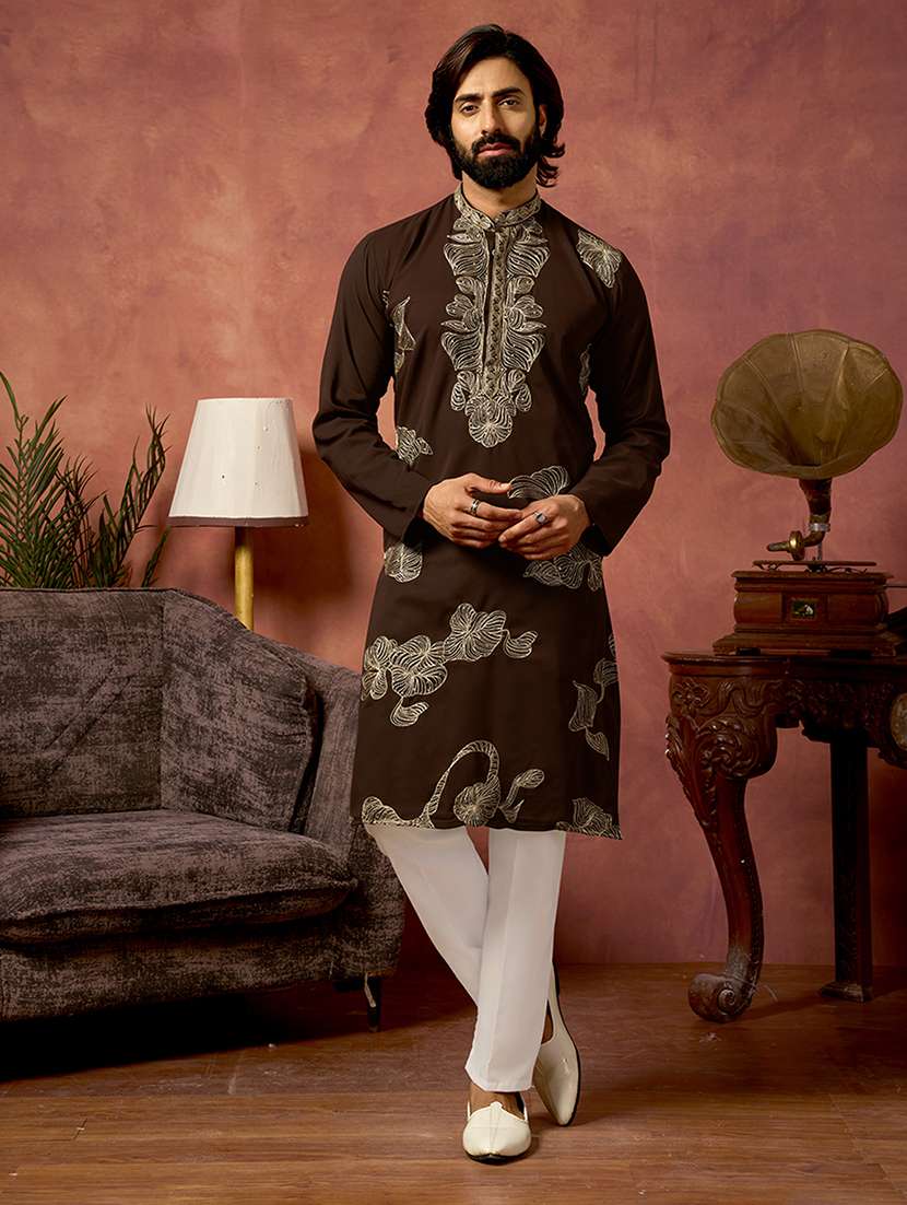 men solid with work mandarin neck kurta pyjama set