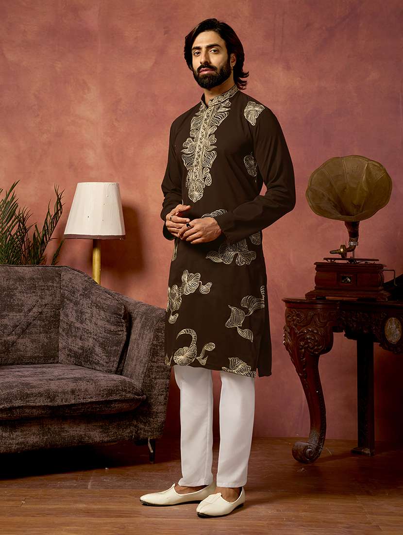 Men Solid With Work Mandarin Neck Kurta Pyjama Set - 22594425 -  Standard Image - 2