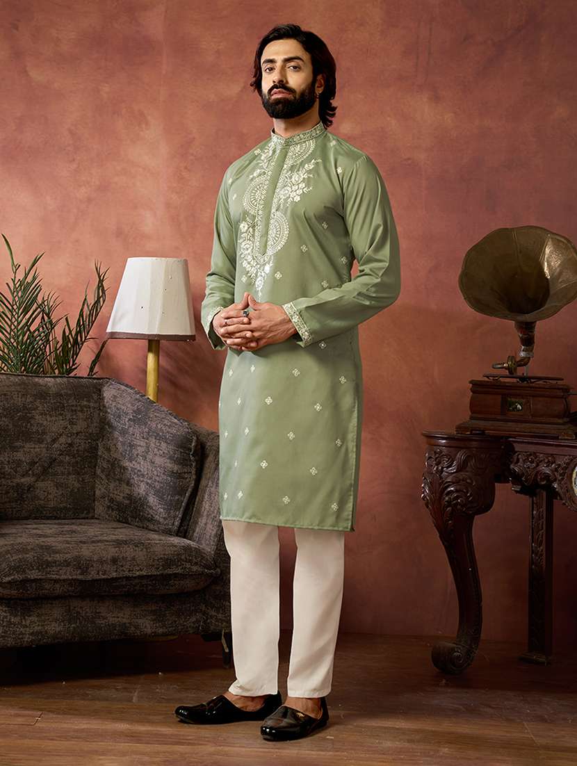 men solid with work mandarin neck kurta pyjama set - 22594427 -  Standard Image - 2