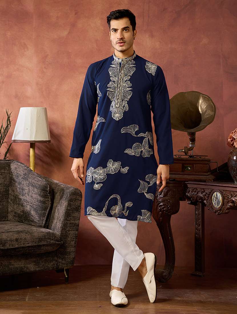 men solid with work mandarin neck kurta pyjama set