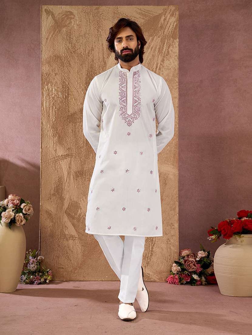 men solid with work mandarin neck kurta pyjama set