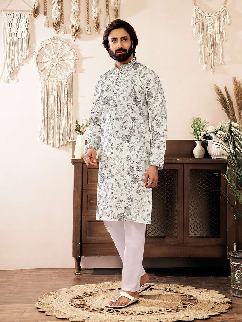 Men Solid With Work Mandarin Neck Kurta Pyjama Set - 22594441 -  Standard Image - 2