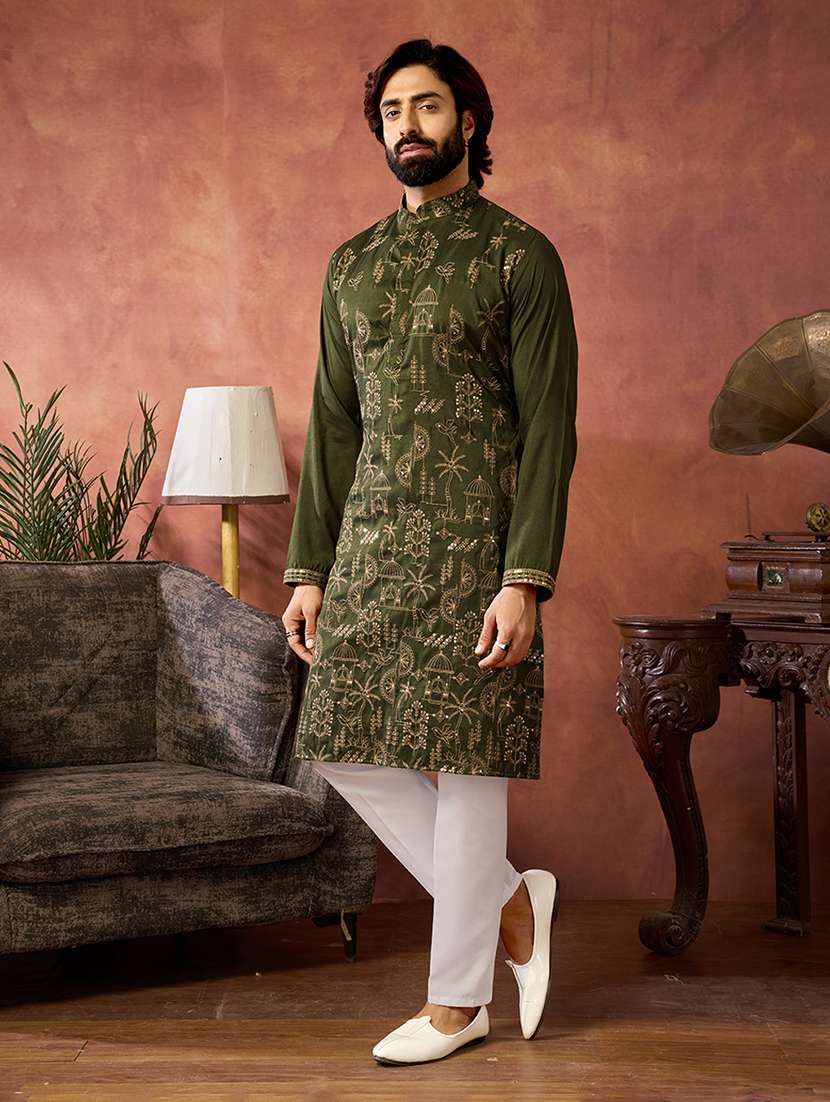 Men Solid With Work Mandarin Neck Kurta Pyjama Set - 22594444 -  Standard Image - 2