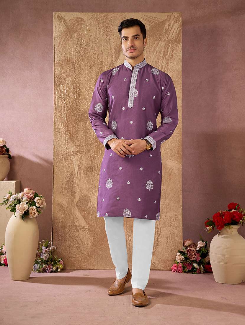 men solid with work mandarin neck kurta pyjama set - 22594448 -  Standard Image - 2