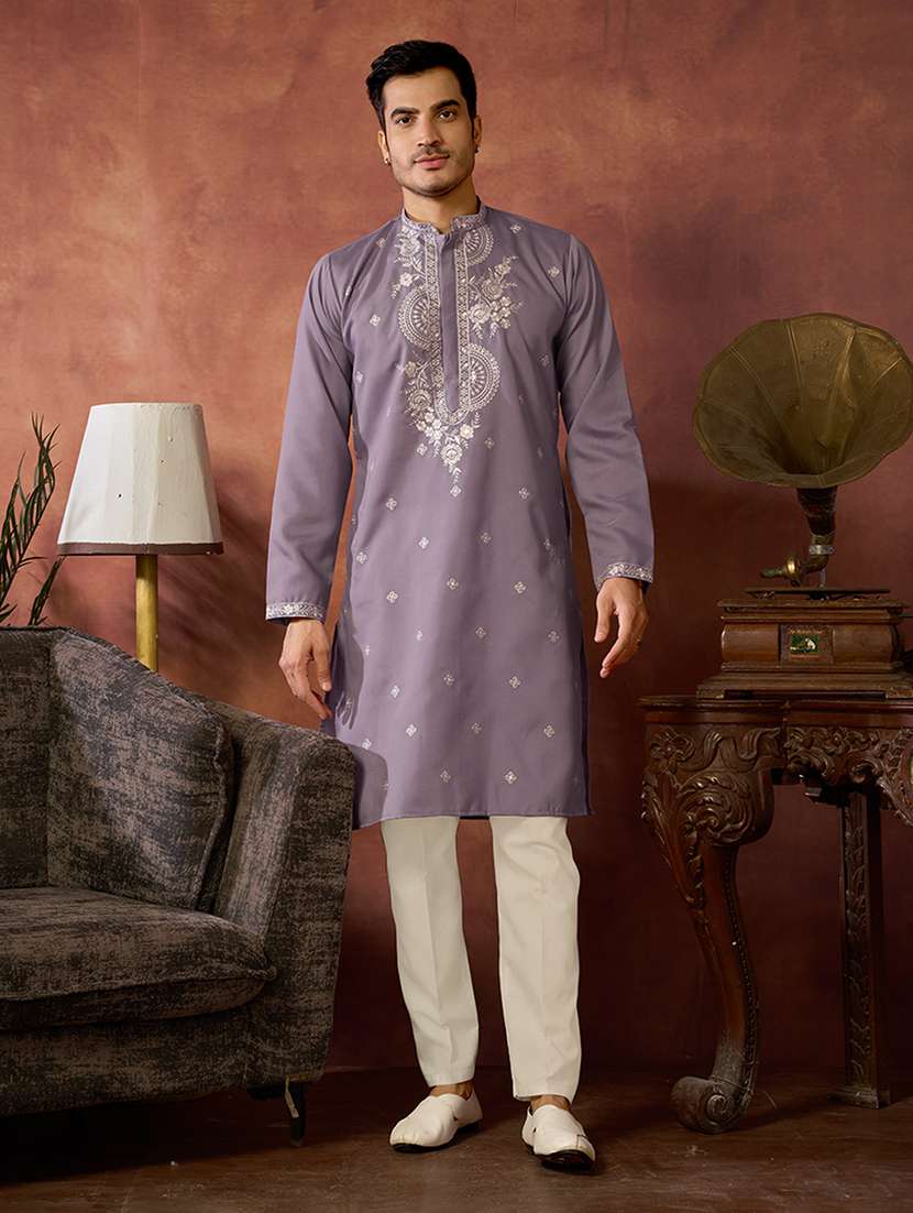 men solid with work mandarin neck kurta pyjama set - 22594457 -  Standard Image - 2