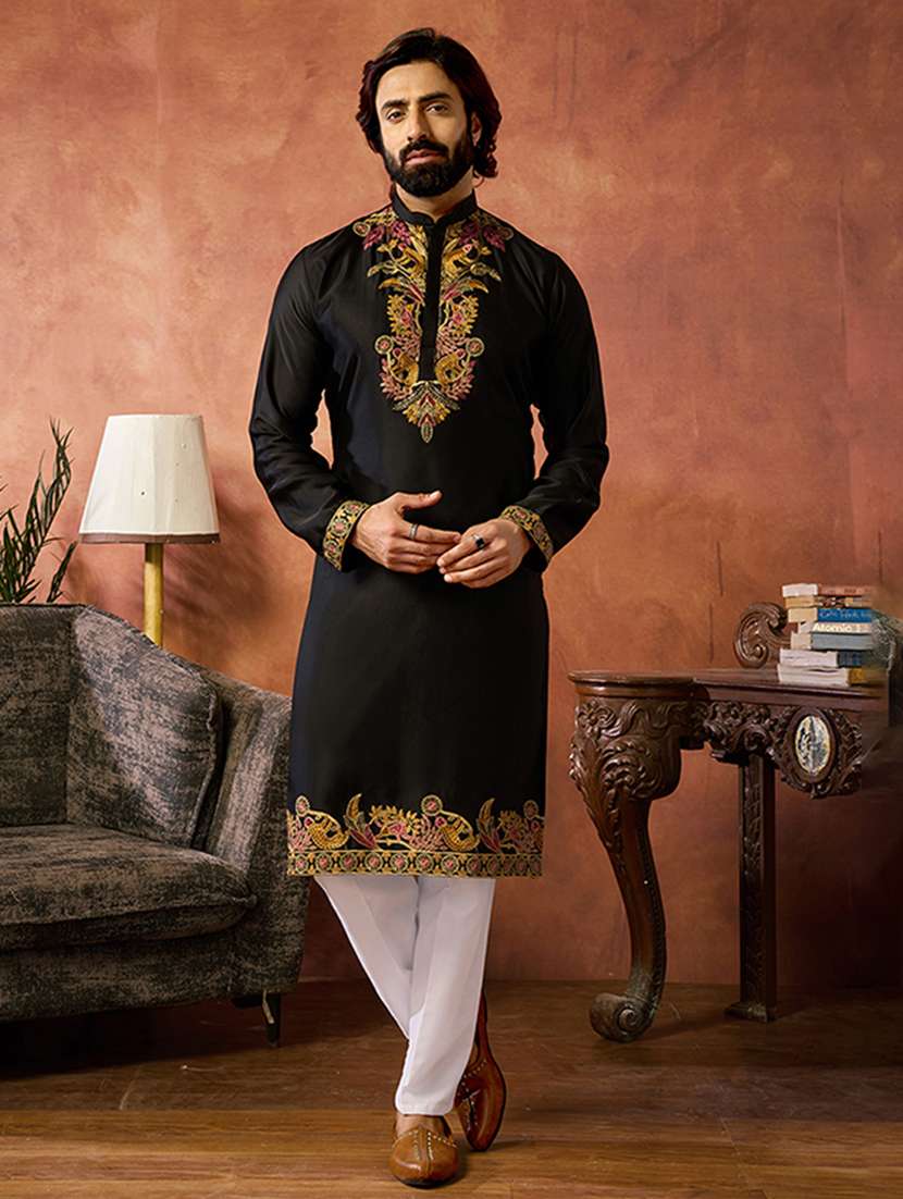 men solid with work mandarin neck kurta pyjama set - 22594458 -  Standard Image - 2