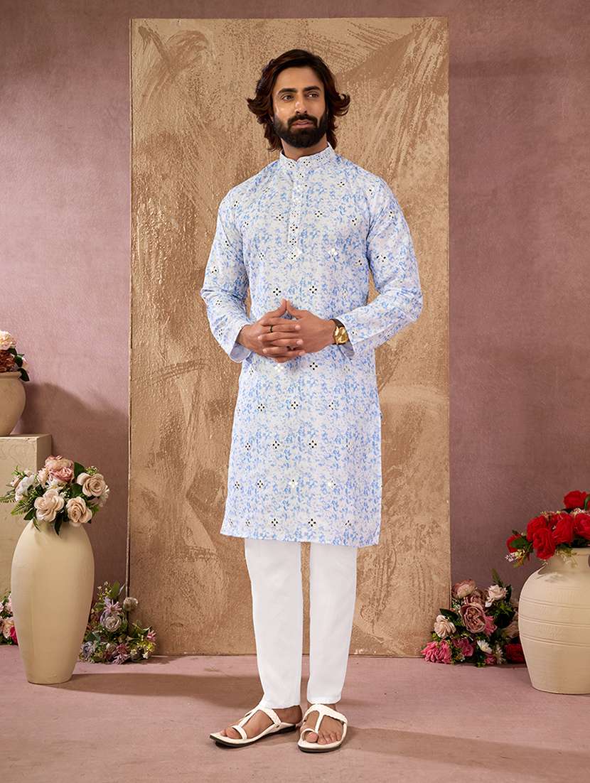 men printed mandarin neck kurta pyjama set