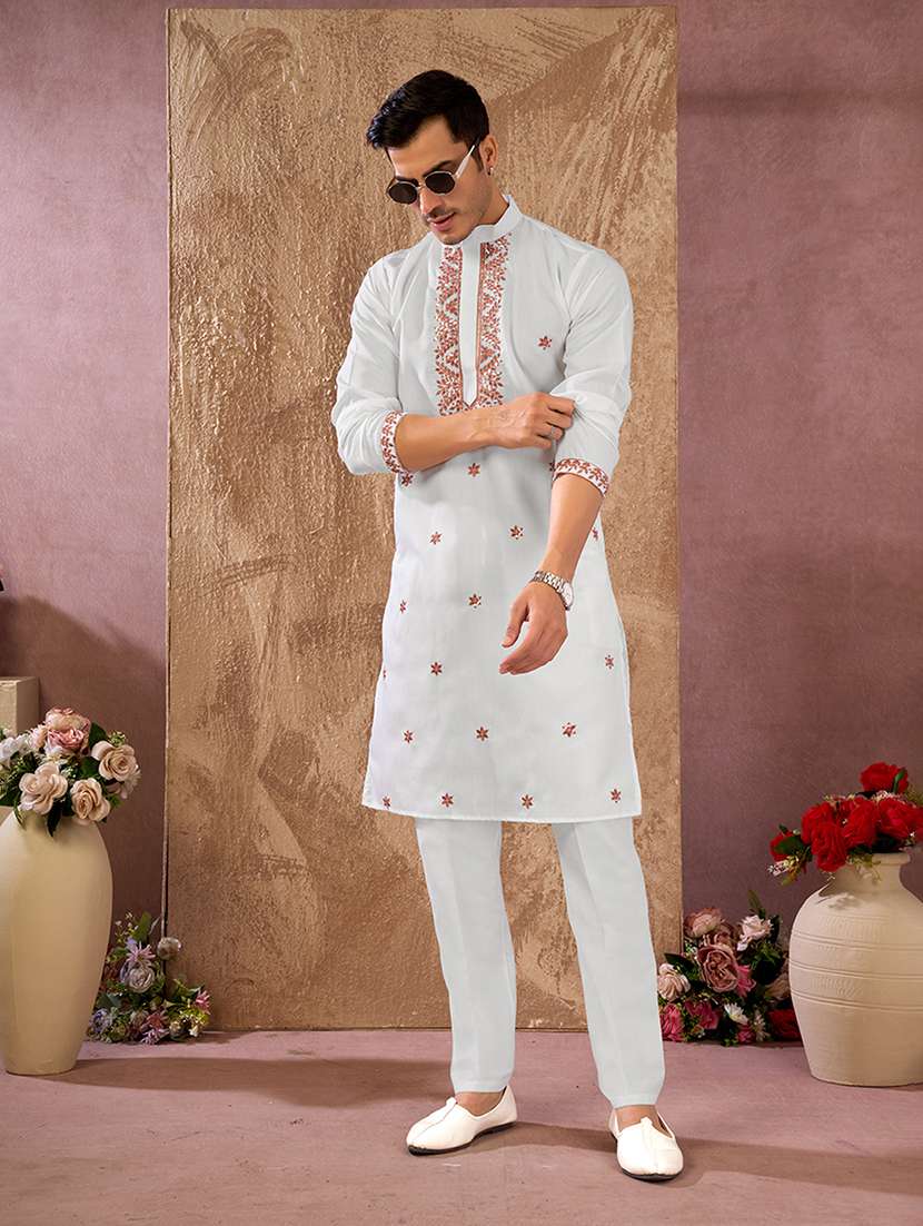 men solid with work mandarin neck kurta pyjama set
