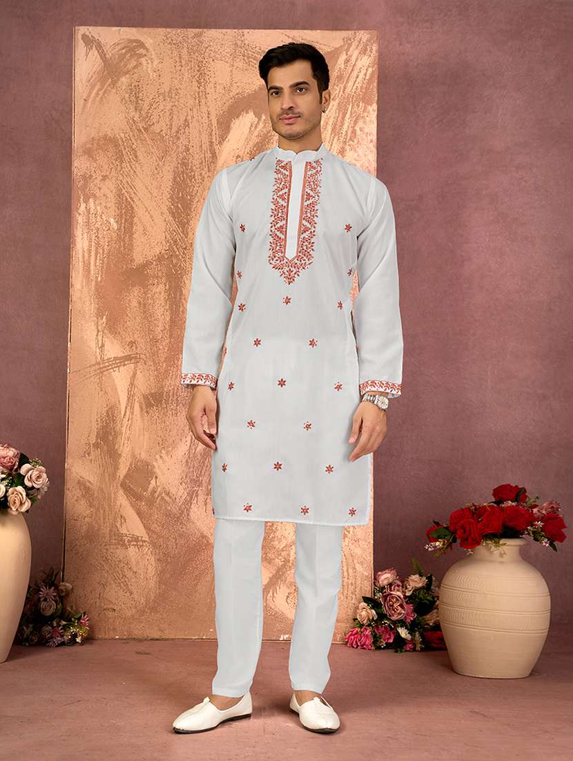 Men Solid With Work Mandarin Neck Kurta Pyjama Set - 22594479 -  Standard Image - 2