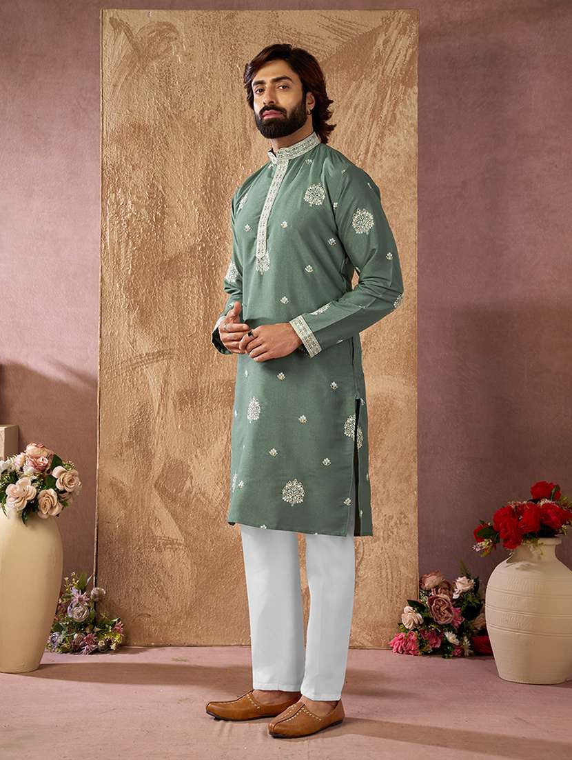 men solid with work mandarin neck kurta pyjama set - 22594487 -  Standard Image - 2