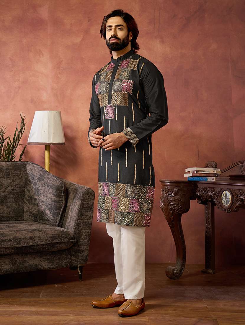 men solid with work mandarin neck kurta pyjama set - 22594488 -  Standard Image - 2