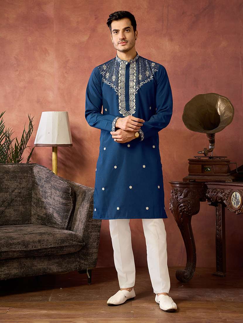 men solid with work mandarin neck kurta pyjama set - 22594537 -  Standard Image - 2
