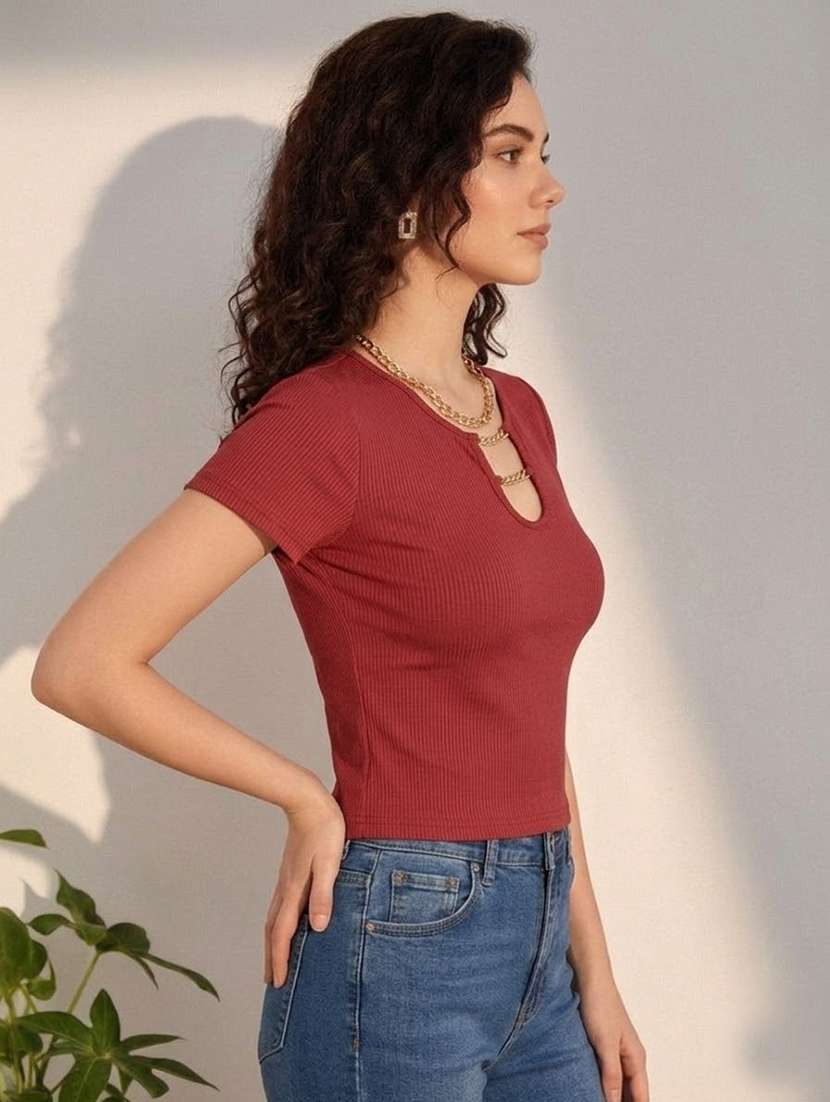 women solid short sleeves crop top - 22594543 -  Standard Image - 2