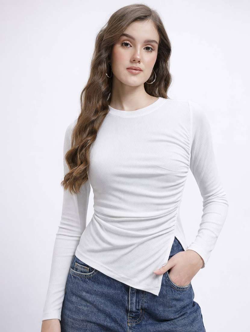 women solid long sleeves asymmetric top