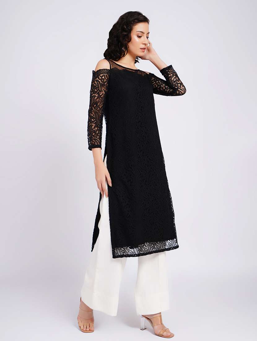 women self design cold shoulder straight kurta - 22594614 -  Standard Image - 2