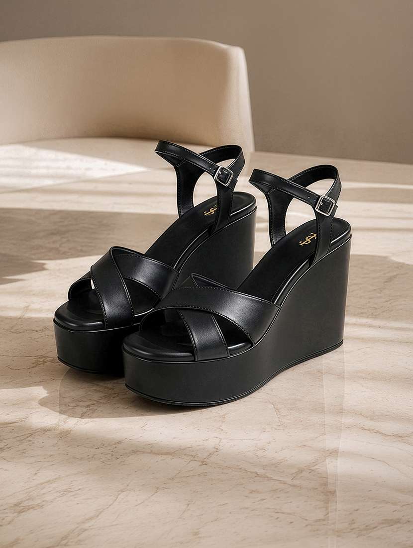 women solid ankle strap wedges