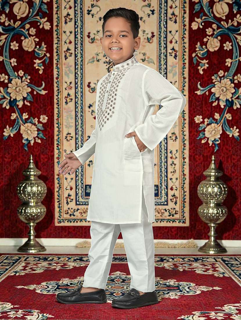 Boys Solid With Work Mandarin Neck Kurta Set - 22594998 -  Standard Image - 2