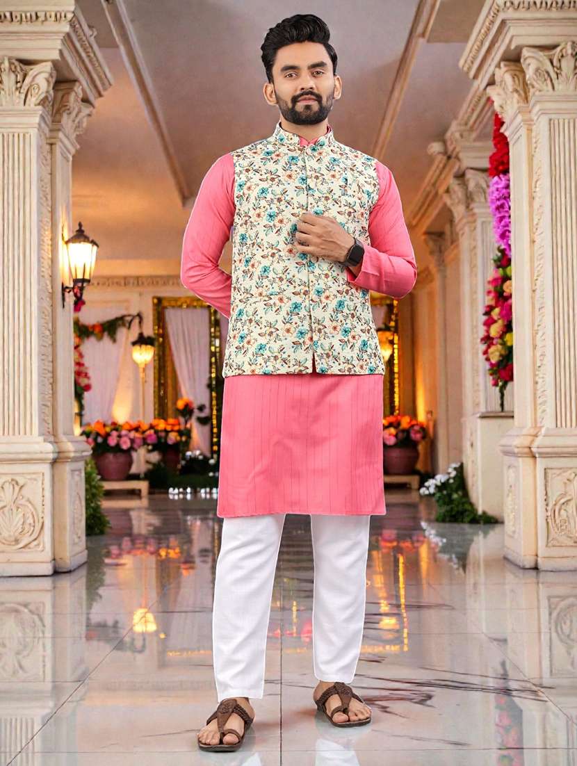 men printed mandarin neck kurta pyjama set with jacket