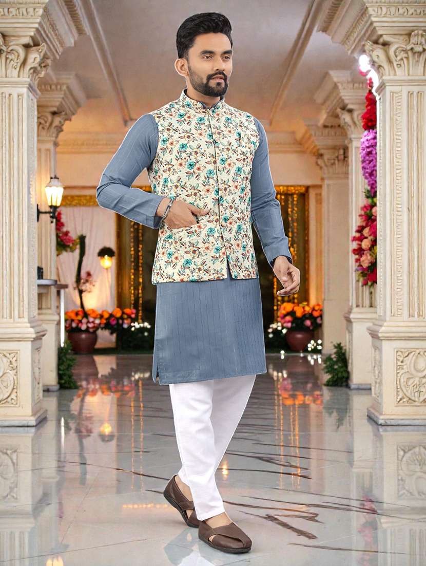 Men Printed Mandarin Neck Kurta Pyjama Set With Jacket - 22595007 -  Standard Image - 2