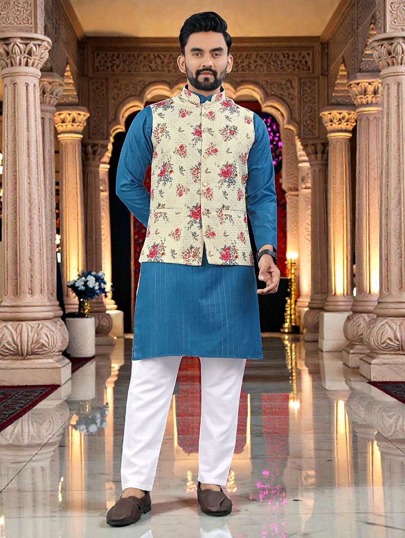 men printed mandarin neck kurta pyjama with jacket set