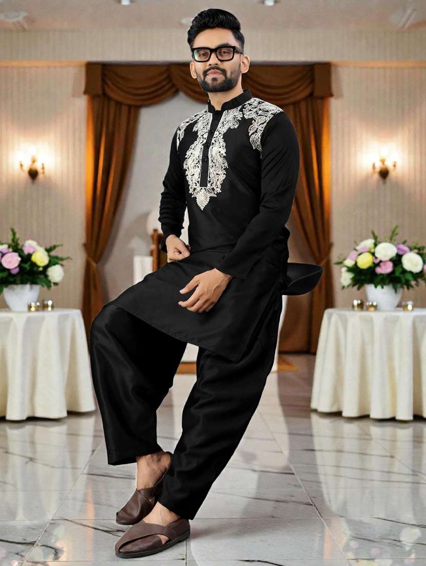 men embroidered long sleeves kurta salwar set