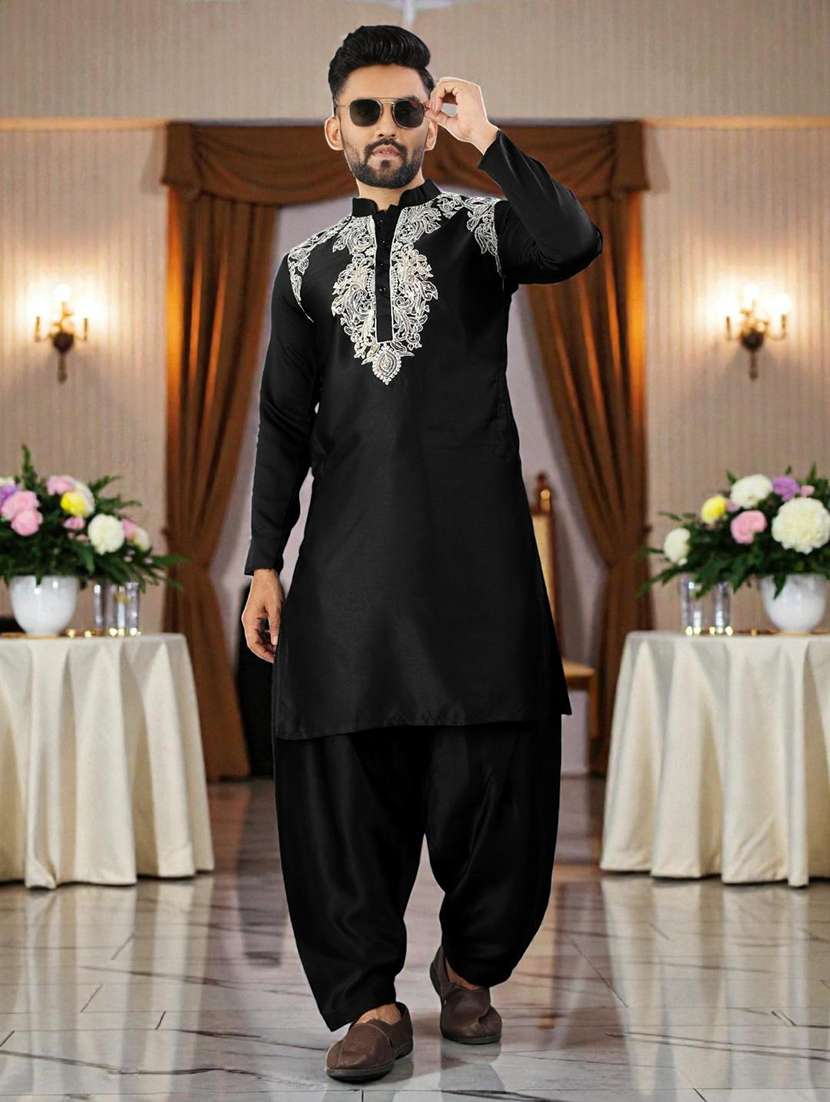 men embroidered long sleeves kurta salwar set - 22595047 -  Standard Image - 2